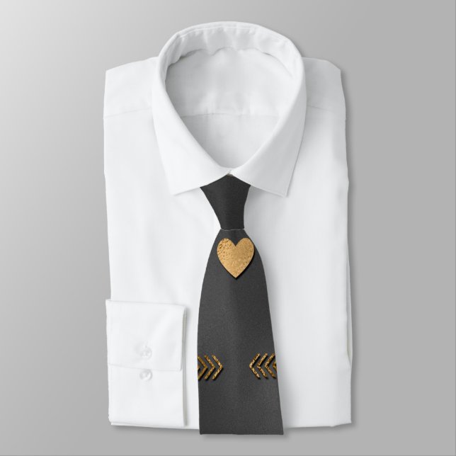 Gold Hearts on Black Elegant Valentine Neck Tie (Tied)