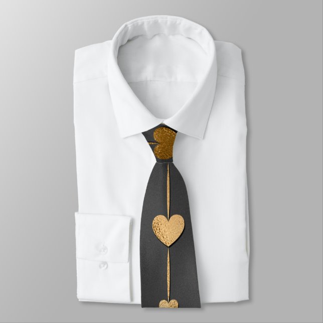 Gold Hearts on Black Elegant Valentine Neck Tie (Tied)