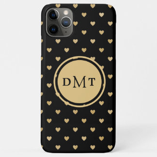 Gold Hearts on Black Monogrammed  iPhone 11 Pro Max Case