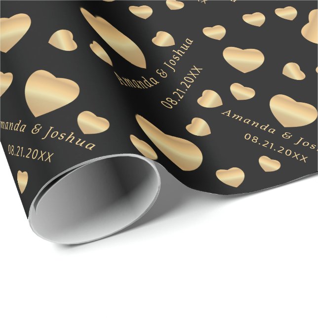 Gold Hearts on Black Wrapping Paper (Roll Corner)