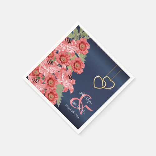 Gold Hearts on Coral  Navy Napkins