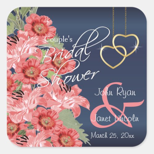 Gold Hearts on Coral  Navy Satin _  Bridal Shower Square Sticker