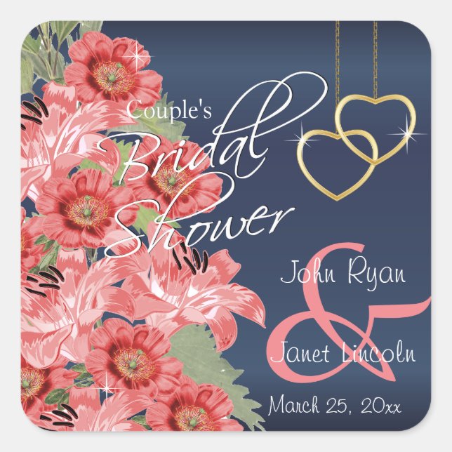 Gold Hearts on Coral & Navy Satin -  Bridal Shower Square Sticker (Front)