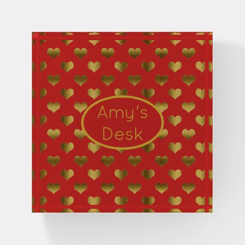 Gold Hearts on Red Customizable Paperweight