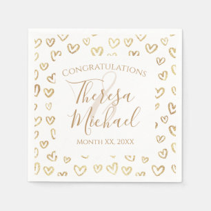 Gold Hearts on White Customizable Name Date Napkins