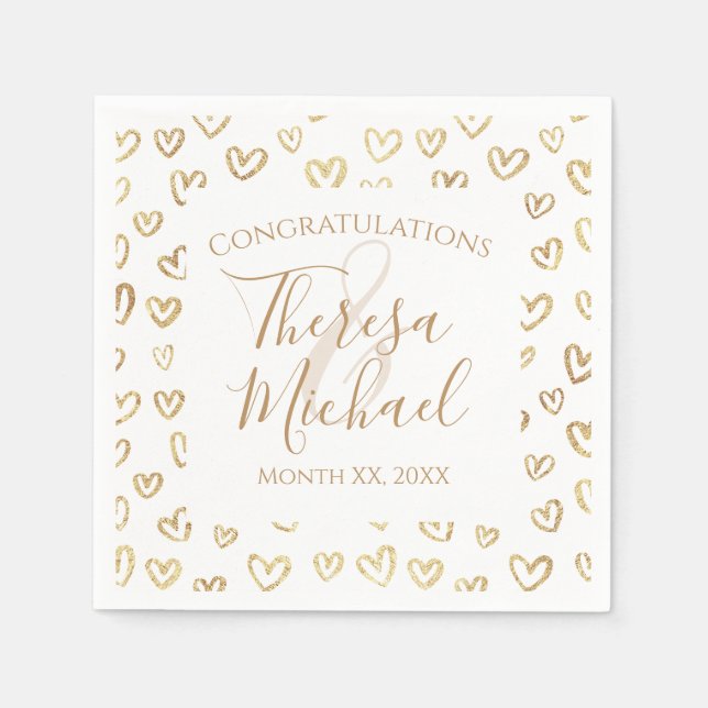 Gold Hearts on White Customizable Name Date Napkins (Front)