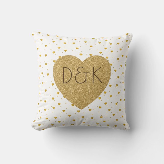 Gold Hearts On White Monogram Throw Pillow (Front)