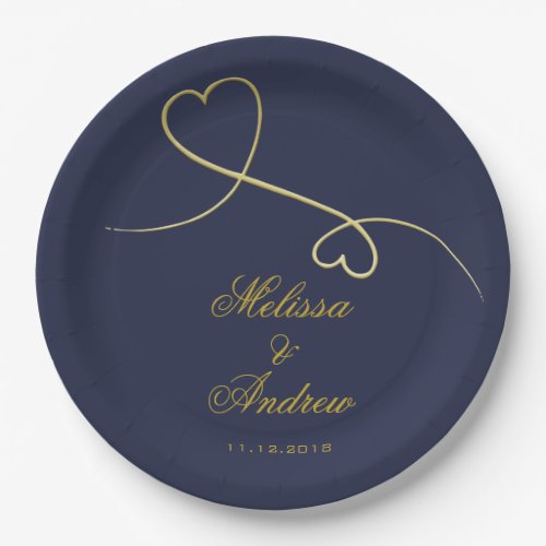 Gold Hearts Ornament  Navy Blue Wedding Paper Plates