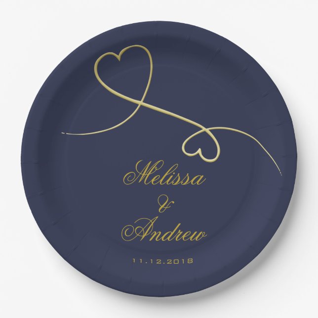 Gold Hearts Ornament | Navy Blue Wedding Paper Plates (Front)