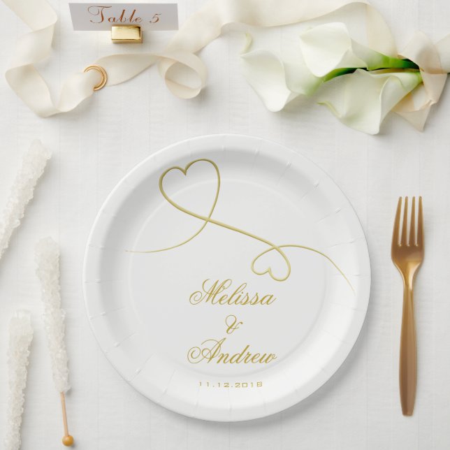 Gold Hearts Ornament | Personalized Wedding Paper Plates (Wedding)