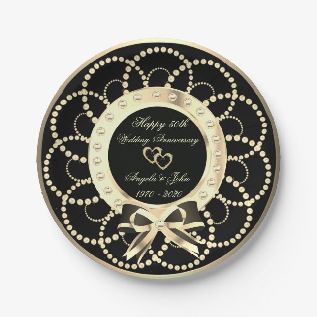 Gold Hearts Pearls 50th Wedding Anniversar Paper Plates (Front)