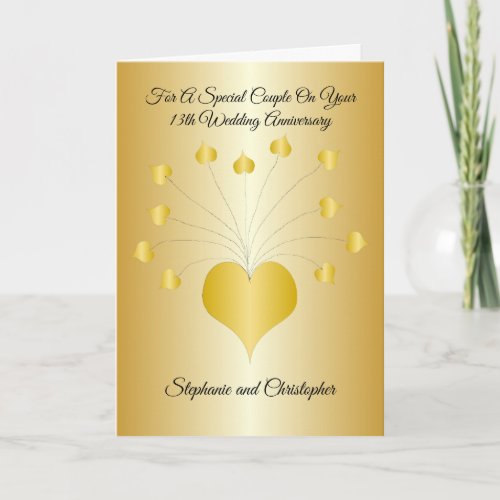 Gold Hearts Personalised 13th Wedding Anniversary Card