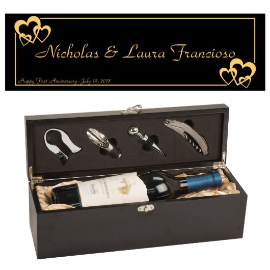Gold Hearts Personalized Matte Black Wine Box  (Design)