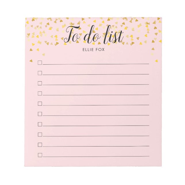Gold Hearts Personalized Script To-Do List Notepad (Front)