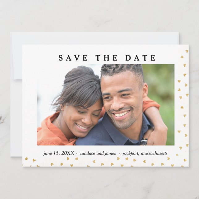 Gold Hearts Photo Save the Date Card (Front)
