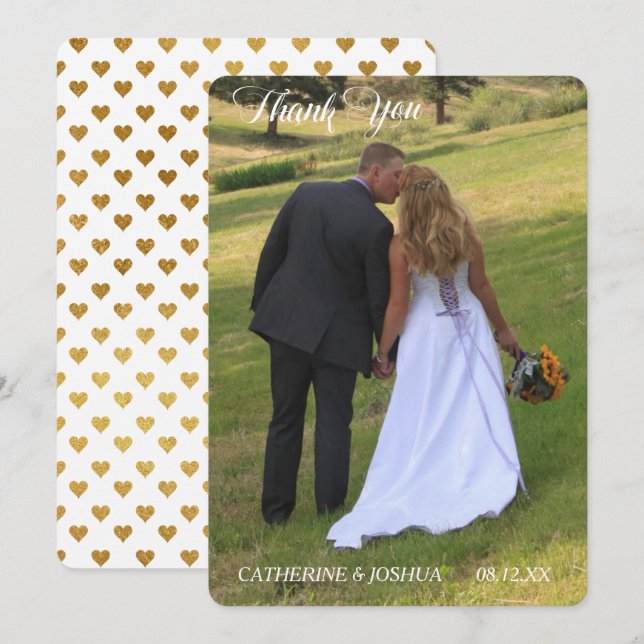 Gold Hearts Photo Template Wedding Thank You (Front/Back)