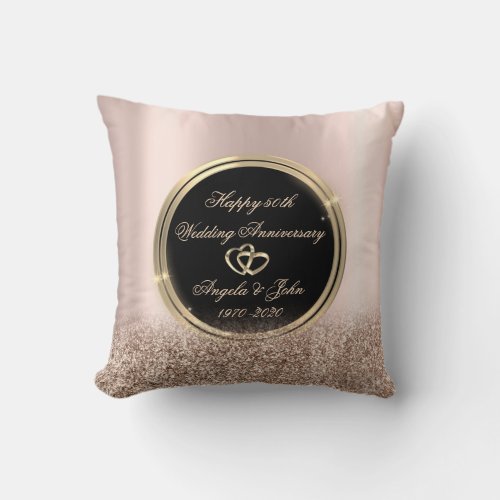 Gold Hearts Rose Gold Glitter 50th Anniversary Throw Pillow