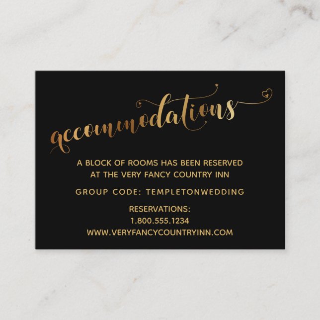 Gold Hearts Script Black Wedding Accommodations Enclosure Card (Front)