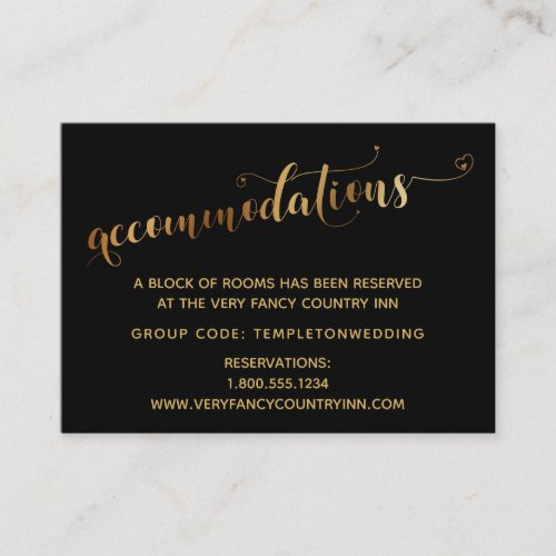 Gold Hearts Script Black Wedding Accommodations Enclosure Card
