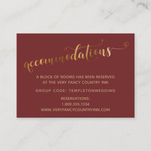 Gold Hearts Script Burgundy Wedding Accommodations Enclosure Card