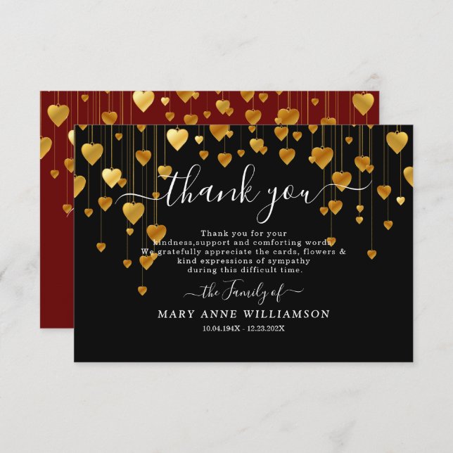 Gold Hearts Script Funeral Thank You Card (Front/Back)