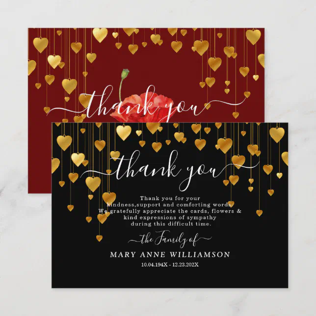 Gold Hearts Script Funeral Thank You Card | Zazzle