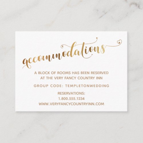 Gold Hearts Script White Wedding Accommodations Enclosure Card