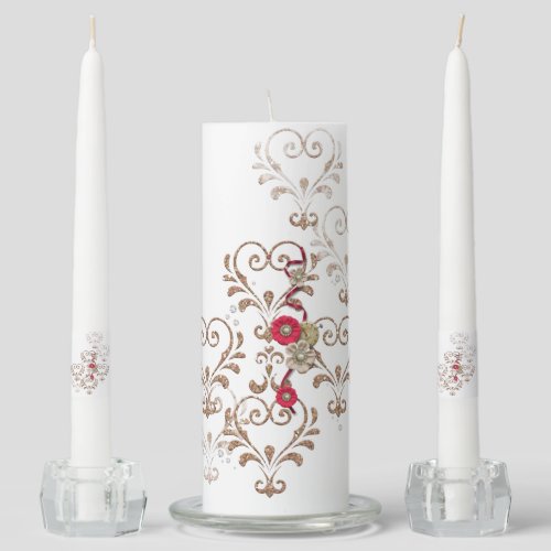 Gold Hearts Scroll Red Flowers Clock Unity Candle Set
