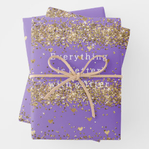 Gold Hearts Sparkle Purple Glitter Birthday Wrapping Paper Sheets