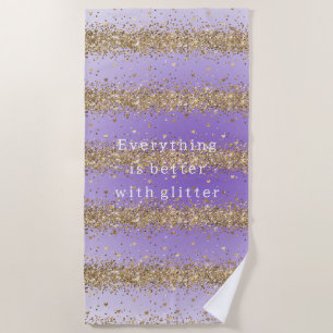 Gold Hearts Sparkle Purple Glitter quote Beach Towel