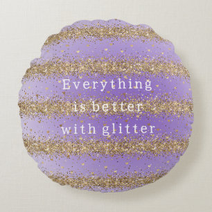 Gold Hearts Sparkle Purple Glitter quote Round Pillow