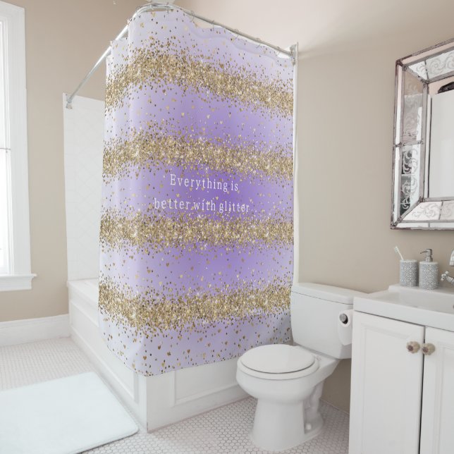 Gold Hearts Sparkle Purple Glitter quote  Shower Curtain (In Situ)