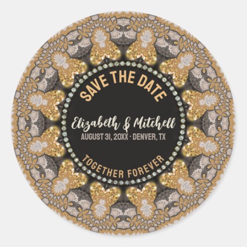 Gold Hearts Sparkle Save the Date Classic Round Sticker