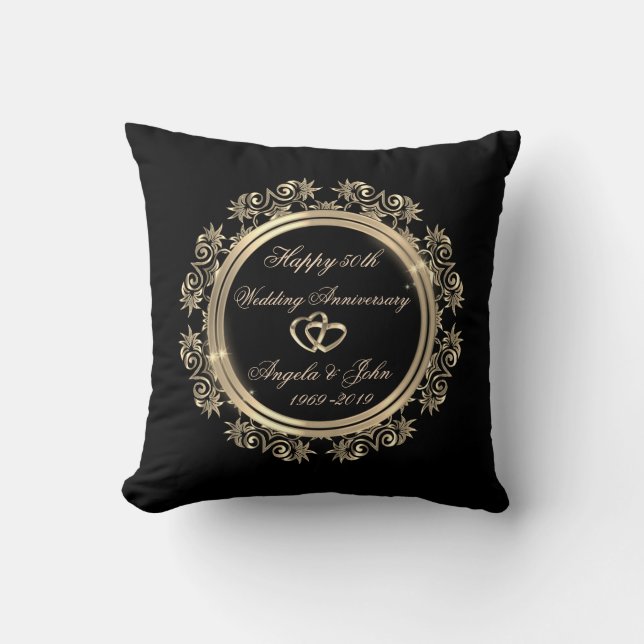 Gold Hearts,Swirls 50th Wedding Anniversary Throw Pillow (Front)
