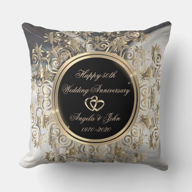 Gold Hearts Swirls Marble 50th Wedding Anniversary Throw Pillow (Front)