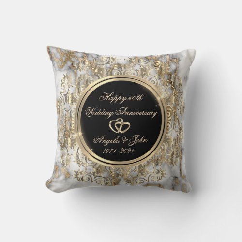 Gold Hearts Swirls Marble 50th Wedding Anniversary Throw Pillow