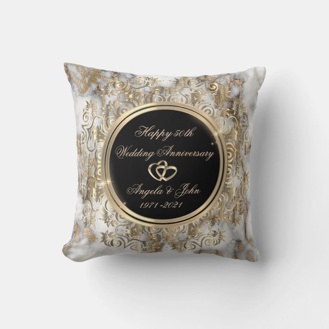 Gold Hearts Swirls Marble 50th Wedding Anniversary Throw Pillow (Front)