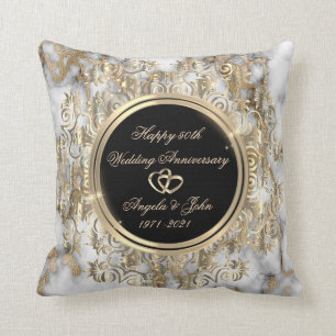 Gold Hearts Swirls Marble 50th Wedding Anniversary Throw Pillow