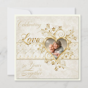 Gold Hearts Swirls Photo 50th Wedding Anniversary Invitation