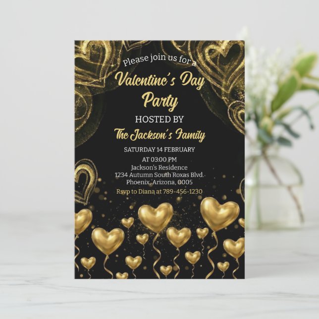 Gold Hearts Valentine's Day Party Invitation (Standing Front)