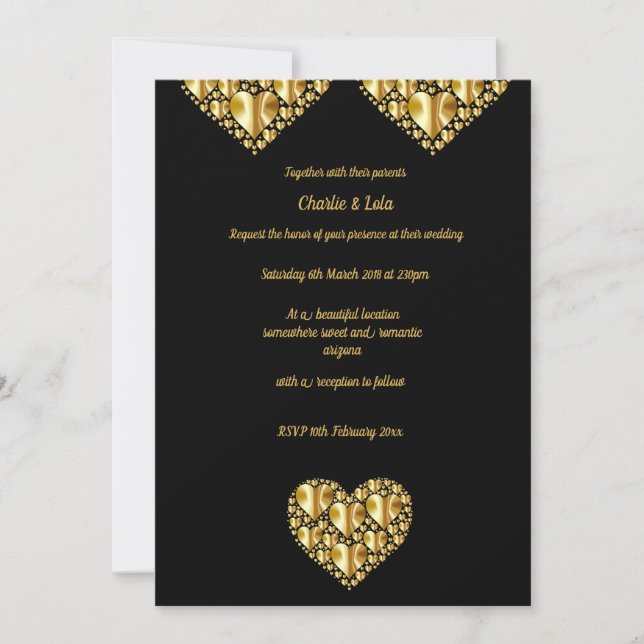 Gold hearts wedding invitations black background (Front)