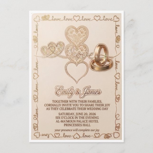Gold Hearts & Wedding Rings Elegant Invitation (Front)