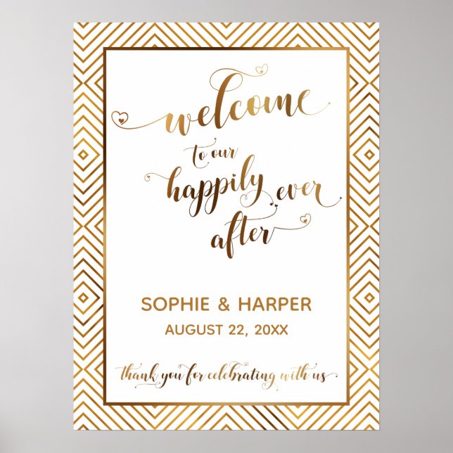Gold Hearts Welcome to Our Happily Ever After Sign (Front)