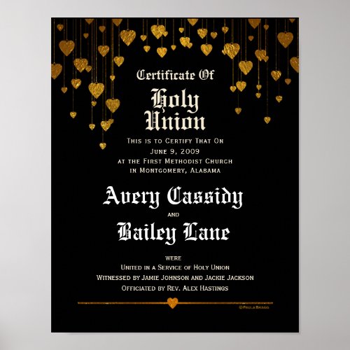 Gold hearts white text black Wedding Certificate Poster