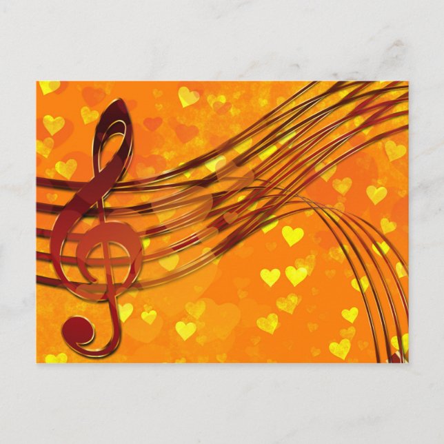 Gold Hearts with a Metallic Treble Clef and Music Postcard (Front)