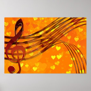 Gold Hearts with a Metallic Treble Clef and Music Poster