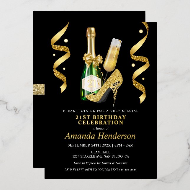 Gold Heels and Champagne Women's Birthday Foil Invitation (Front/Back)