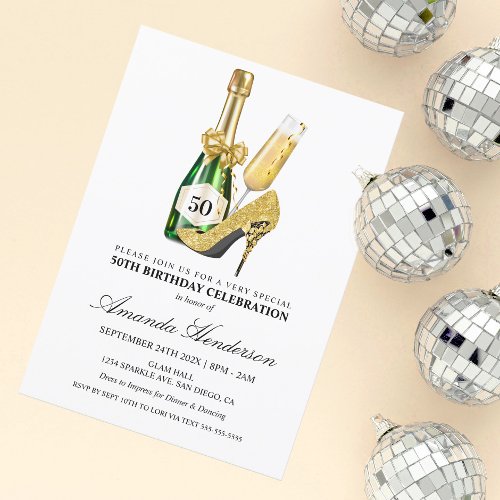 Gold Heels and Champagne Womens Birthday Invitation