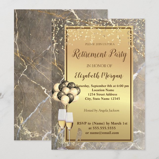 Gold Heels,Glass,Ballons,Marble Retirement Party Invitation (Front/Back)