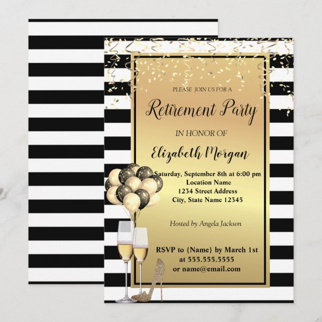 Gold Heels,Glass,Ballons,Stripes  Retirement Party Invitation (Front/Back)